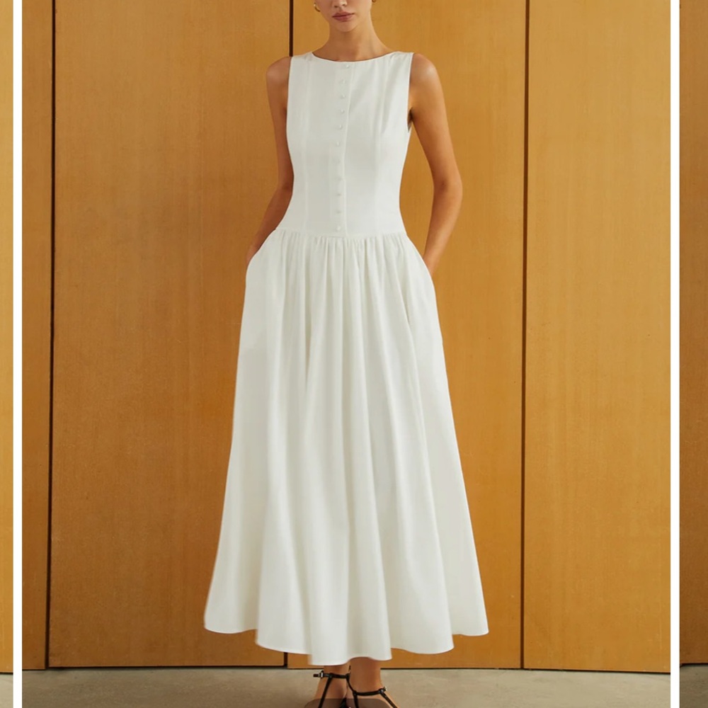 Commense Button-Front Sleeveless Pockets Long Dress
